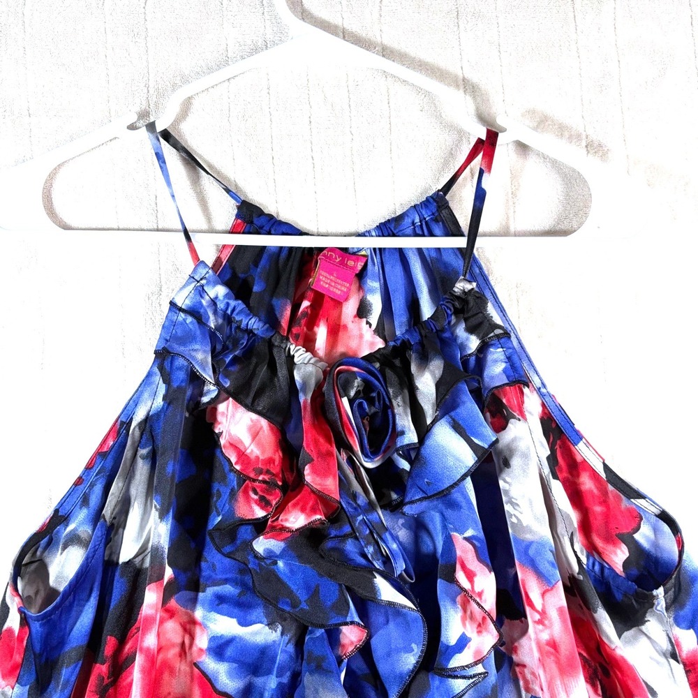 Y2K Women's Silky Floral Ruffle Sleeveless Top - Red, Blue, and Gray Size Large - Picture 2 of 13